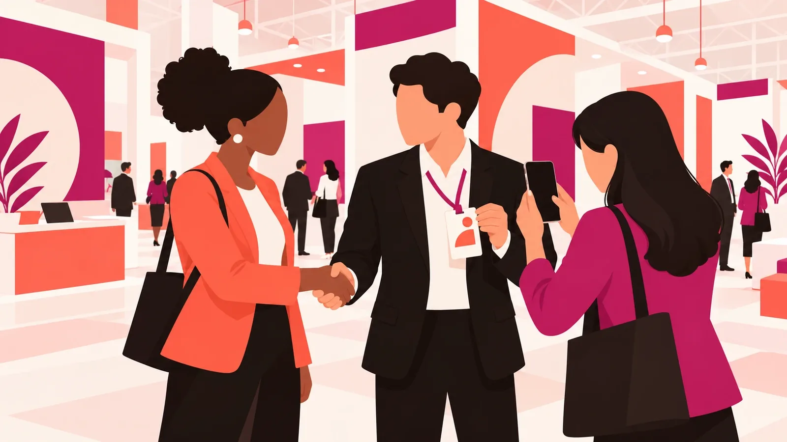 Illustration of three professionals on a conference floor: two shaking hands while a third photographs a badge with a phone