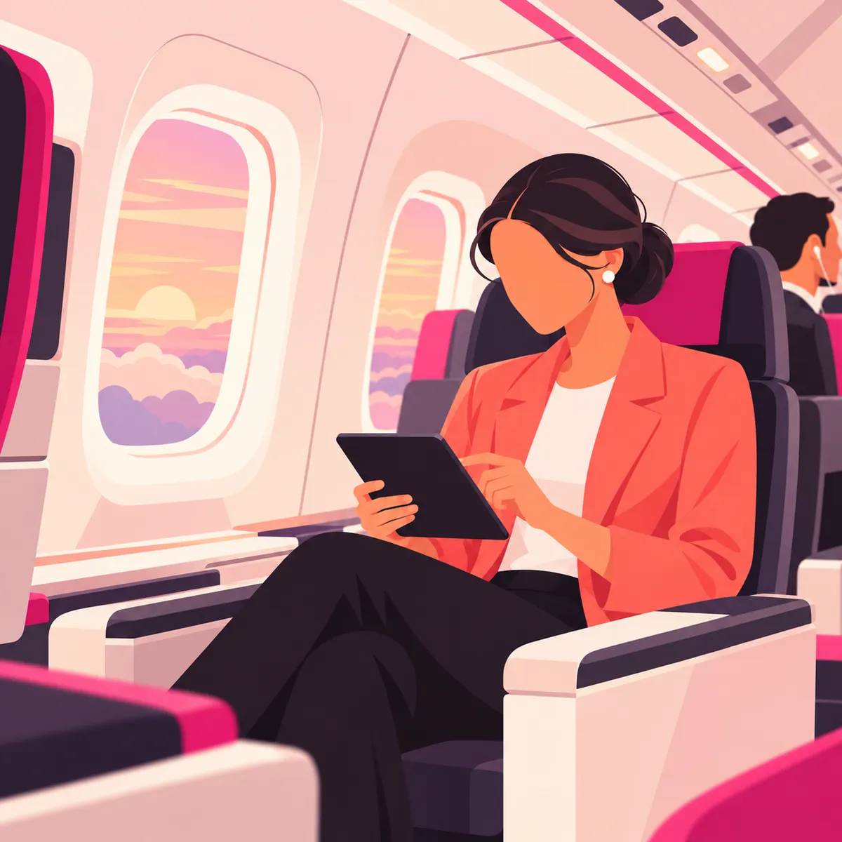 Illustration of a professional in a plane seat on the way home, following up on a tablet as the sun sets