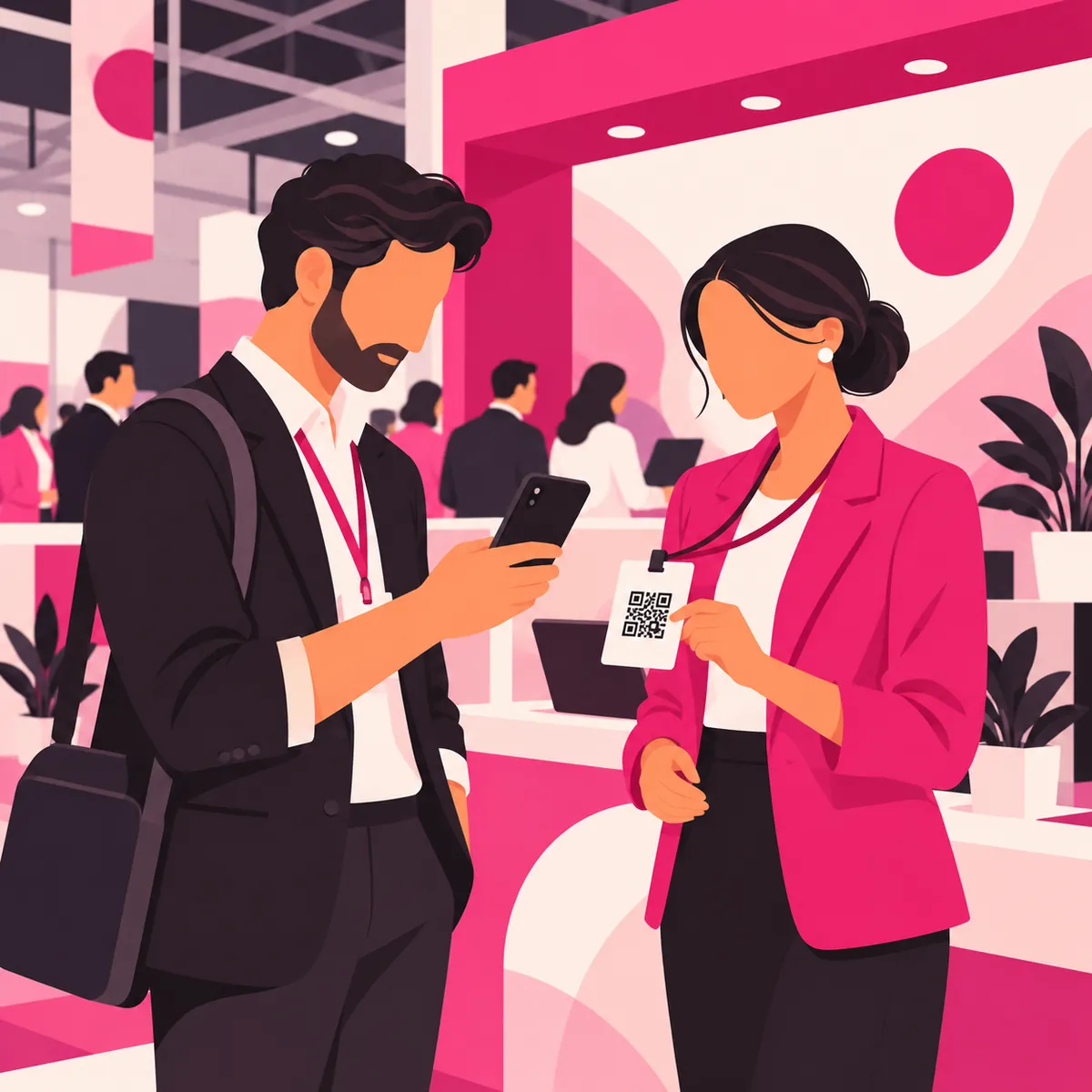 Illustration of two professionals at a conference booth, one scanning the code on the other's badge with a phone