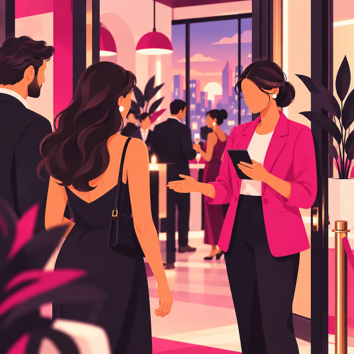 Illustration of a host at the door of an evening event, checking a guest in on her phone and welcoming them inside