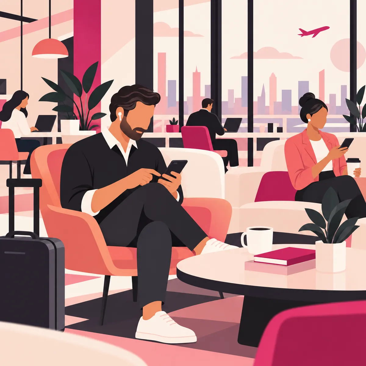 Illustration of a professional in an airport lounge with a suitcase and a coffee, following up on a phone
