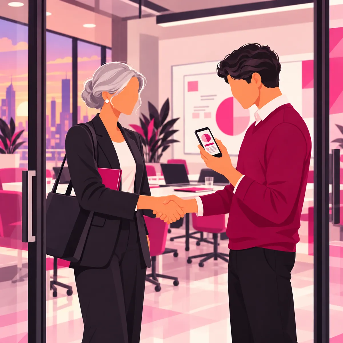 Illustration of a consultant shaking a client’s hand at a meeting room door as he opens her page on his phone