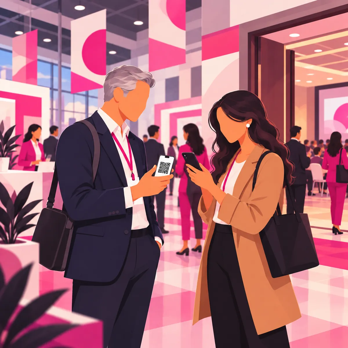 Illustration of two professionals in a conference hallway, one holding up a phone with a QR code while the other scans it