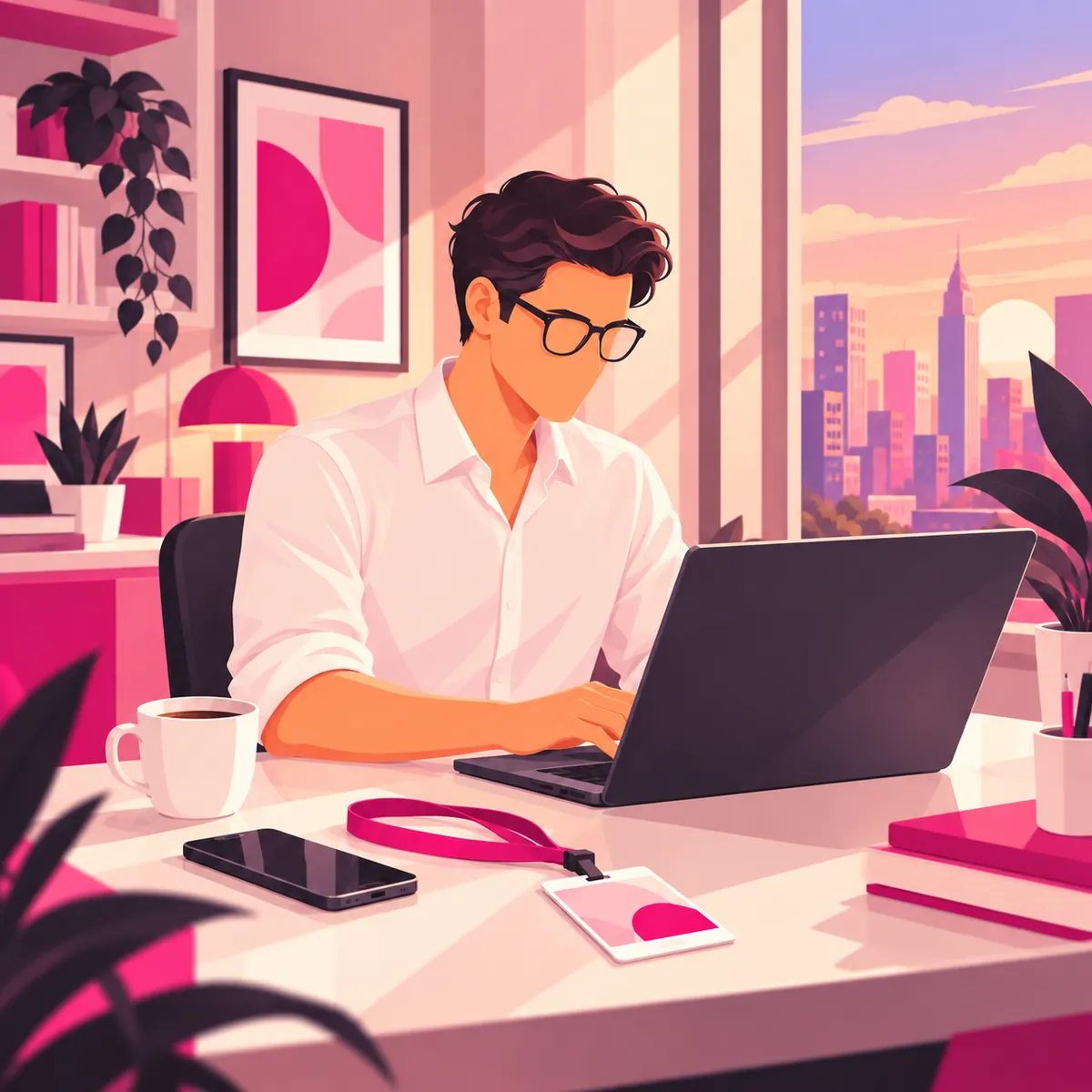 Illustration of a professional at a desk the morning after an event, writing a follow-up on a laptop, a conference badge beside it