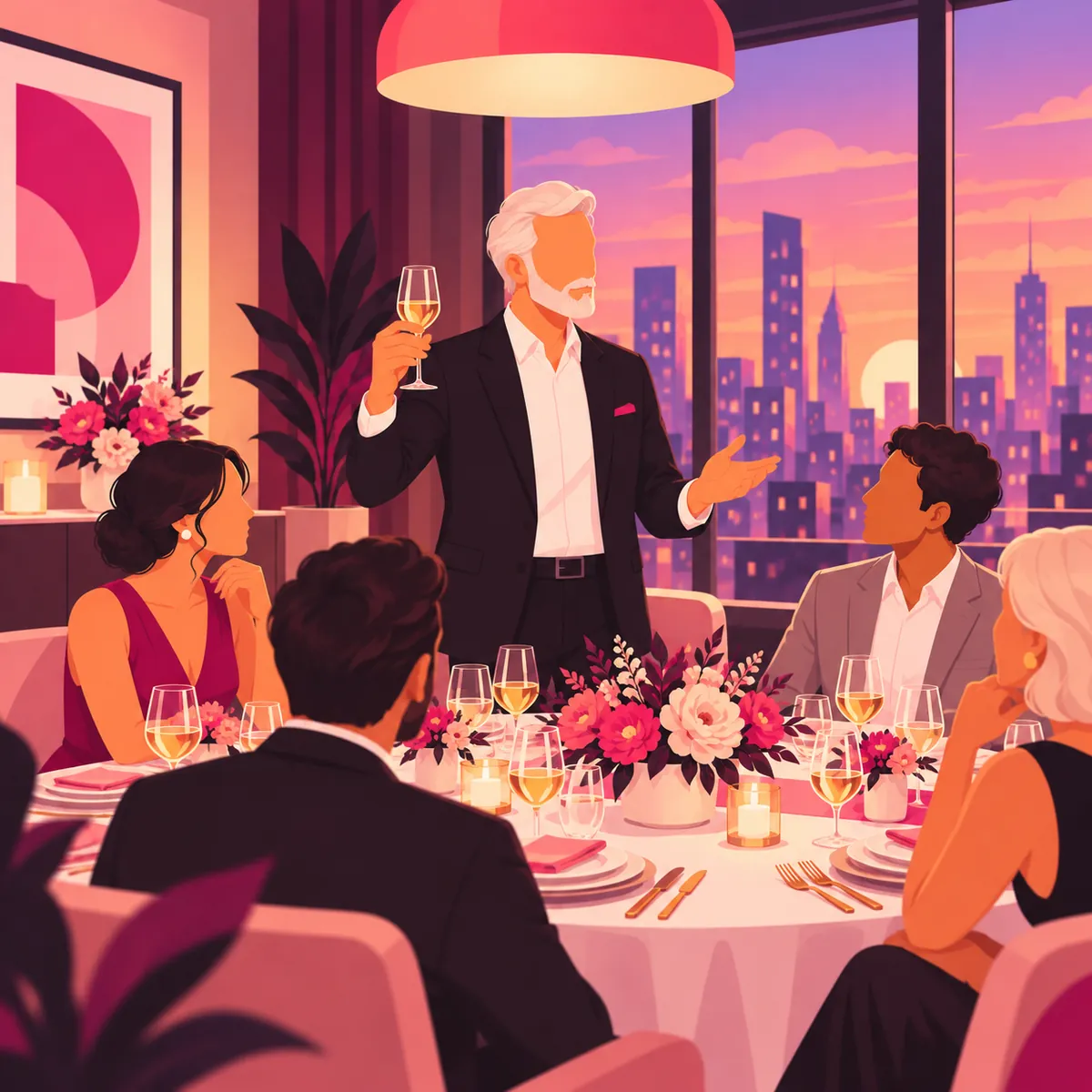Illustration of a host raising a glass to welcome guests at a small evening dinner