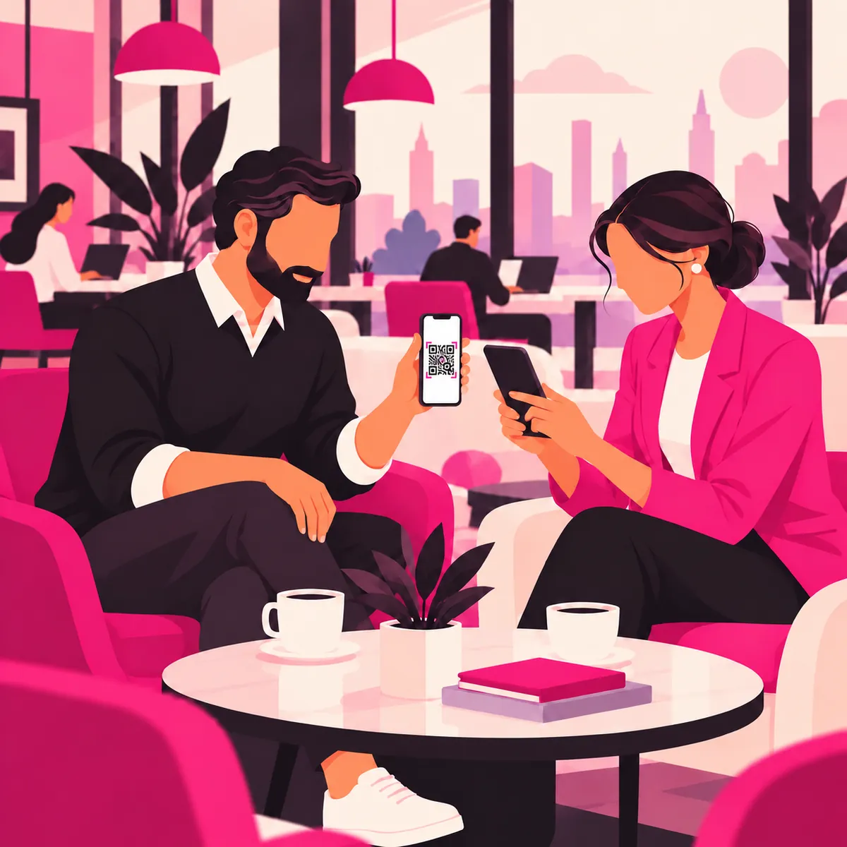 Illustration of two professionals over coffee, one holding up a phone with a QR code while the other scans it